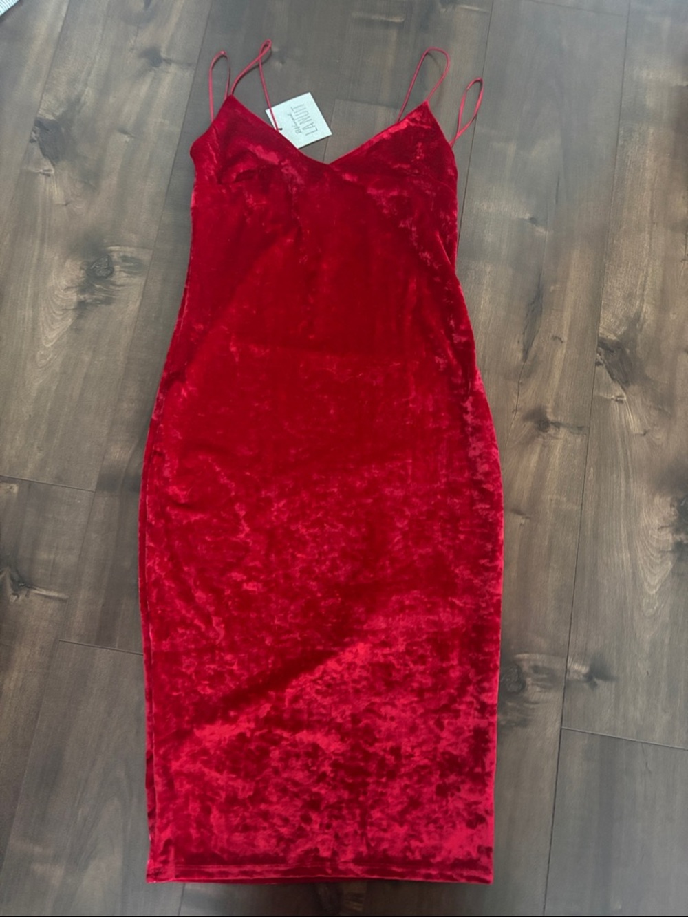 Sleek Red Velvet Midi Slip Dress with Spaghetti Straps